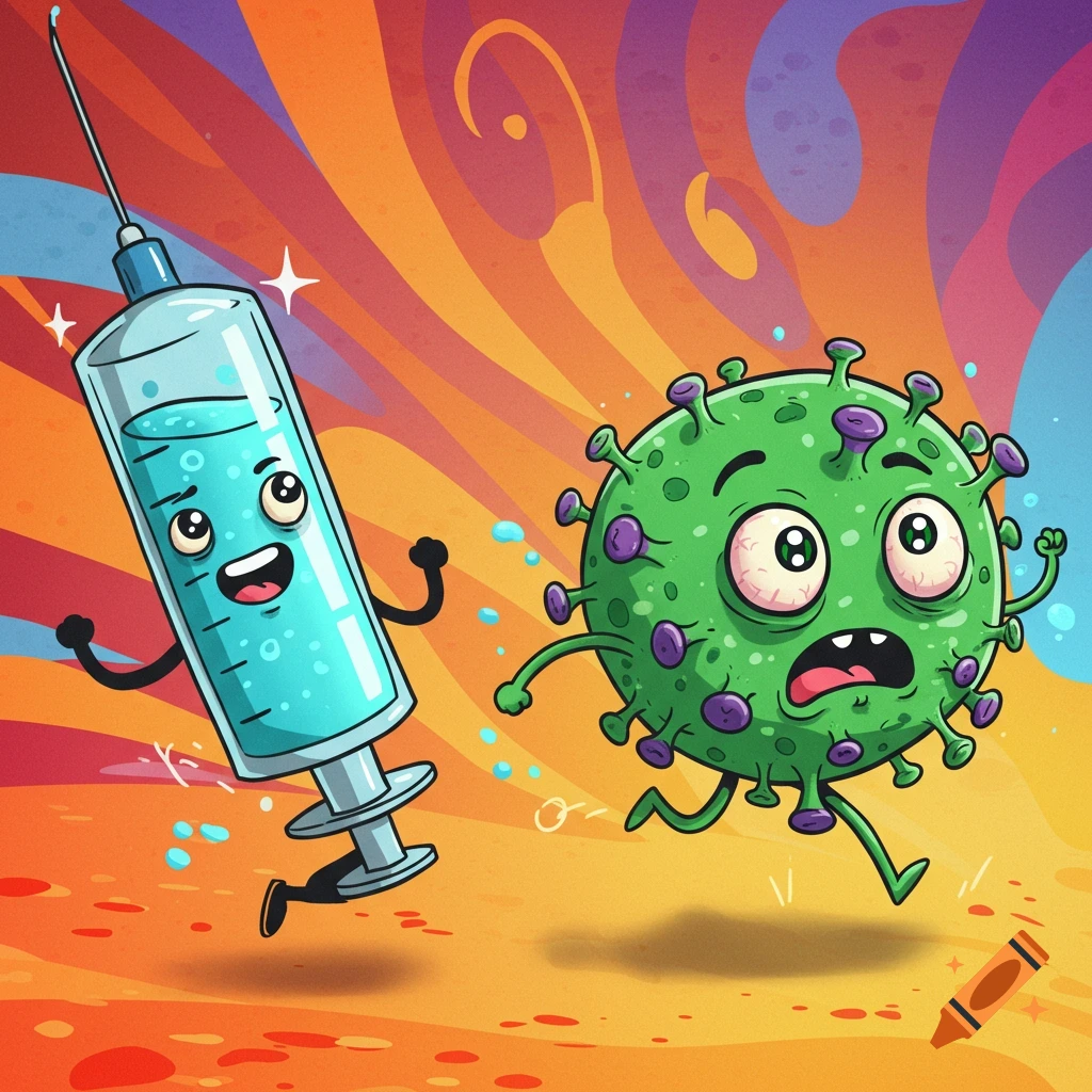 A cheerful cartoon syringe with a needle chases a terrified green cartoon virus against a colorful, swirling background in digital art.