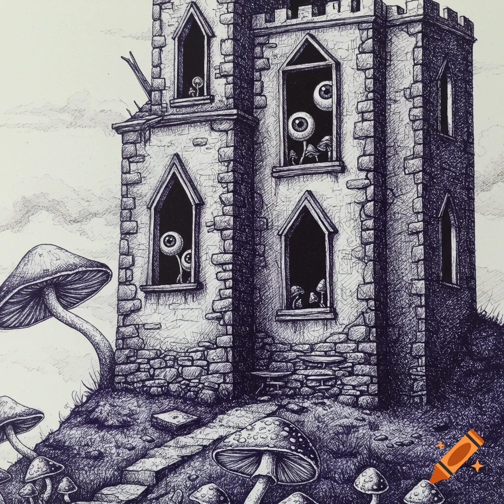 A black and white ballpoint pen drawing of an old stone castle on a hill, surrounded by large toadstools, with eyeballs peeking from the windows.