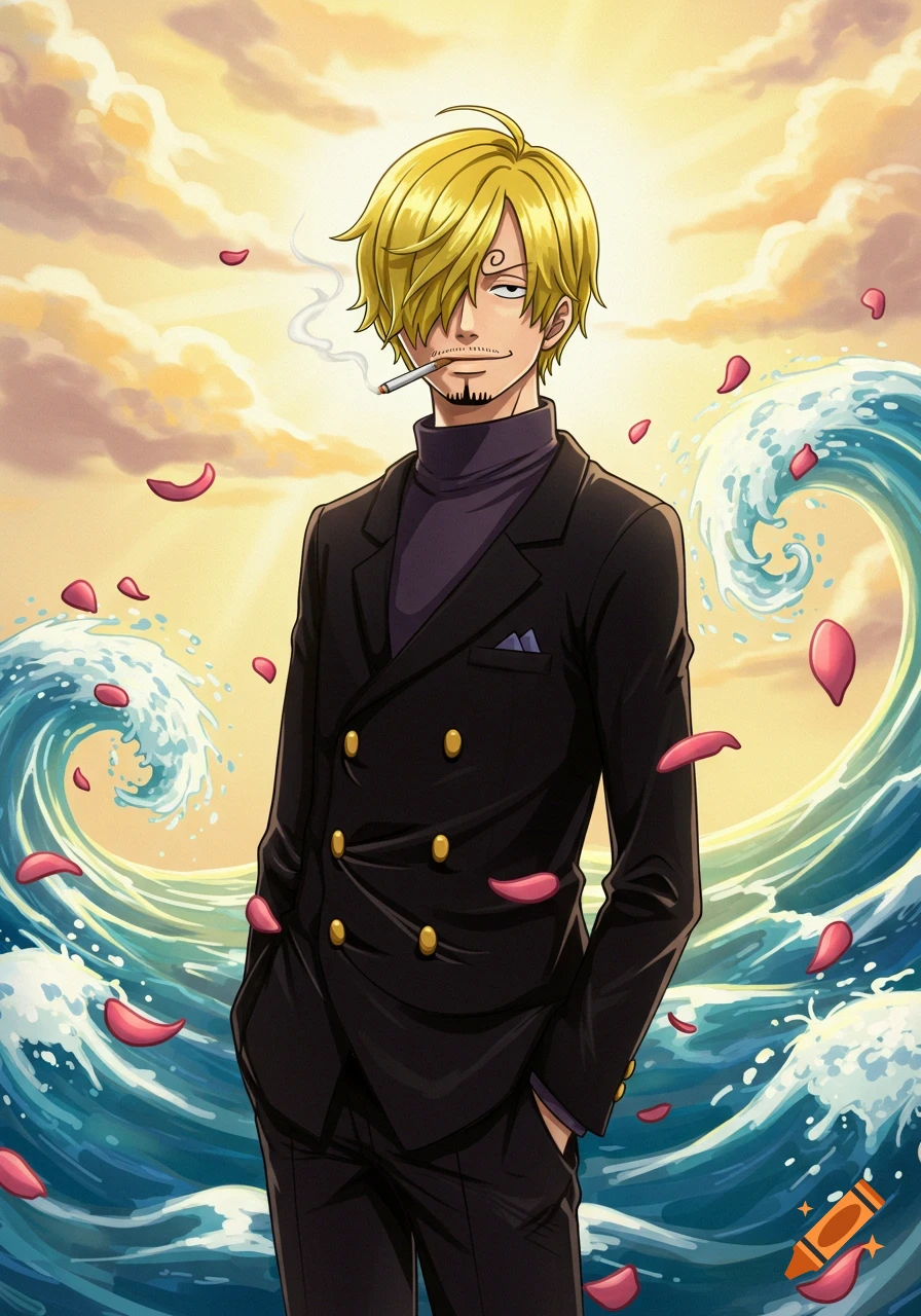 Anime portrait of Sanji from One Piece in a suit, smoking, with ocean waves, rose petals, and a glowing sky.