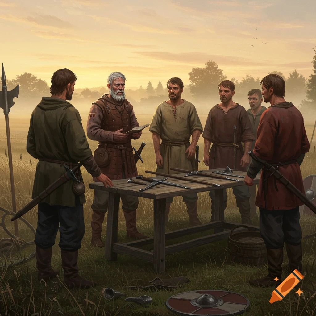 Medieval soldier in leather armor instructs peasant men around a weapon-laden table in a foggy field at sunrise, digital painting.