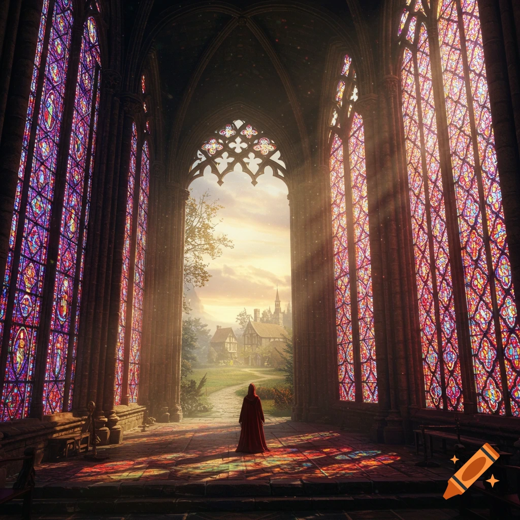 A figure in a red cloak stands in a grand Gothic cathedral with vibrant stained-glass windows, looking out at a medieval village at sunset.