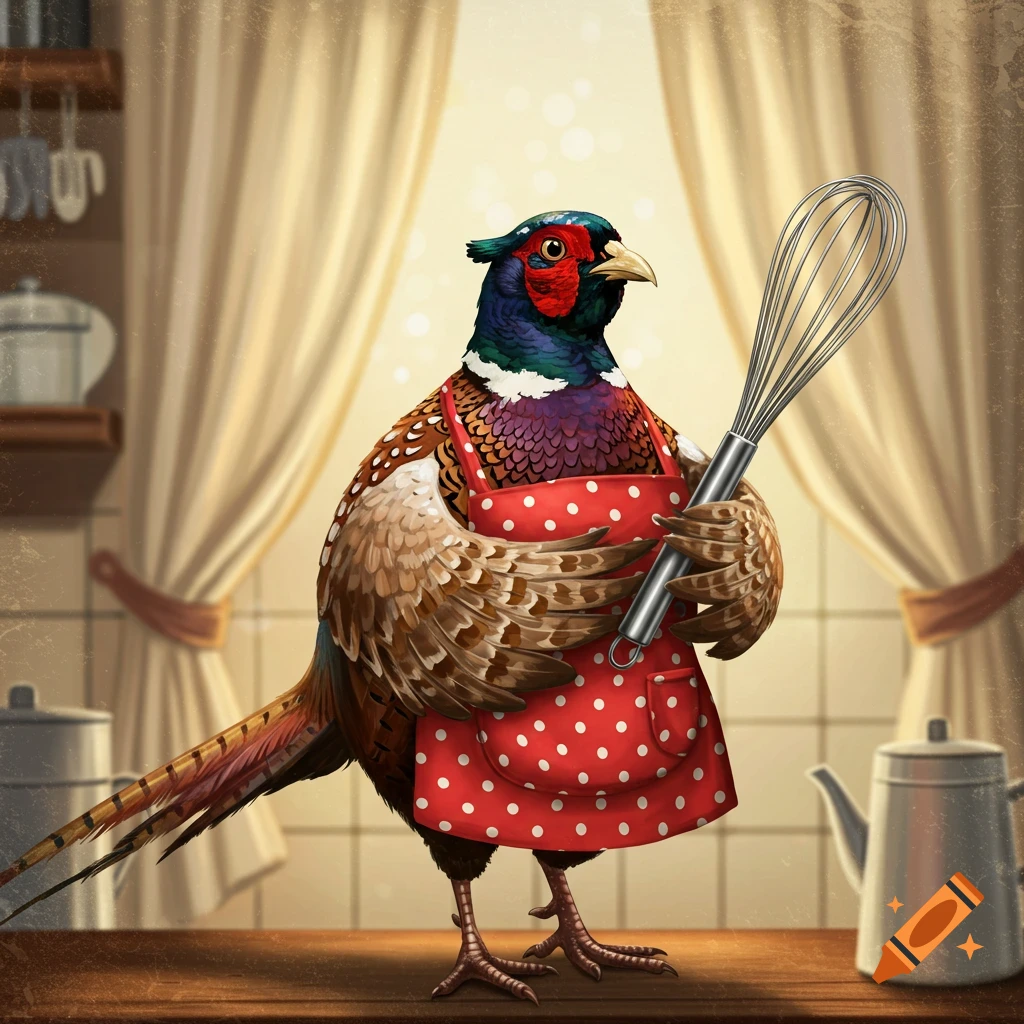 A colorful pheasant wearing a red polka dot apron stands in a kitchen, holding a whisk.