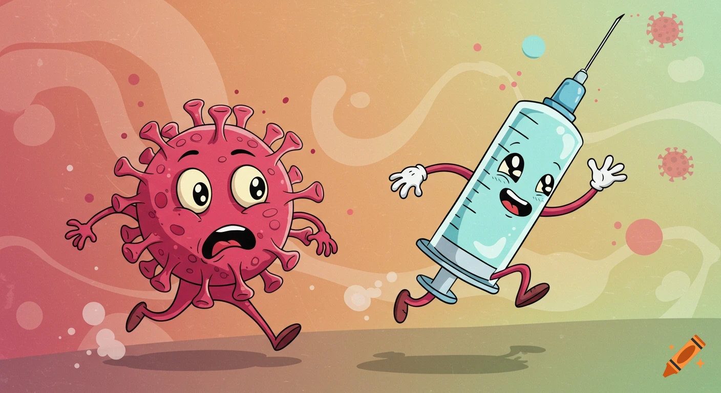 A scared, red cartoon virus runs away from a friendly, blue cartoon syringe in a playful digital art scene.