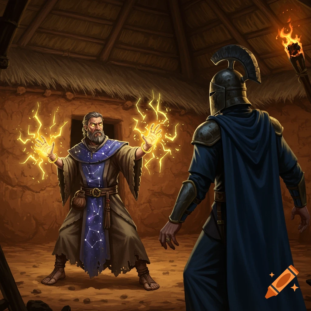 A wizard with yellow eyes casts lightning at a templar in an obsidian helmet inside a torchlit prehistoric clay house. Digital fantasy art.