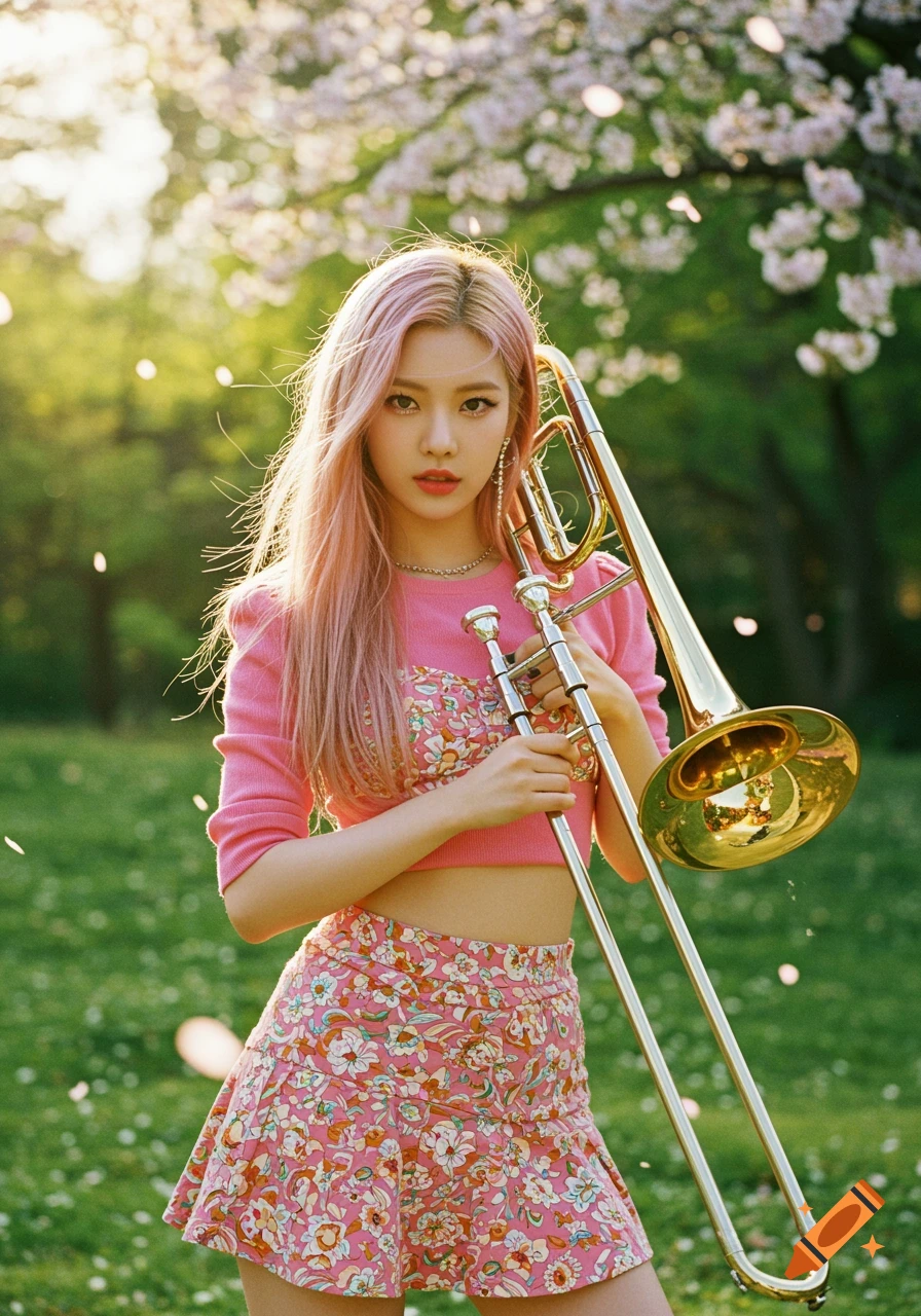 Photorealistic image of a K-pop lady with pink hair in a pink floral outfit, holding a trombone in a sunny park with cherry blossoms.
