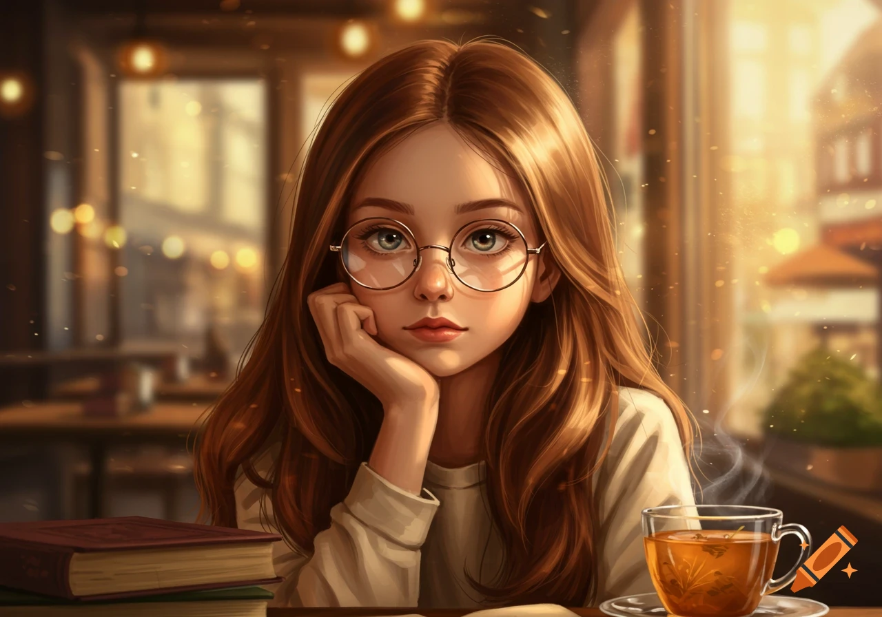 Digital art portrait of a young girl with long brown hair and round glasses, sitting in a cozy cafe with books and a steaming cup of tea.