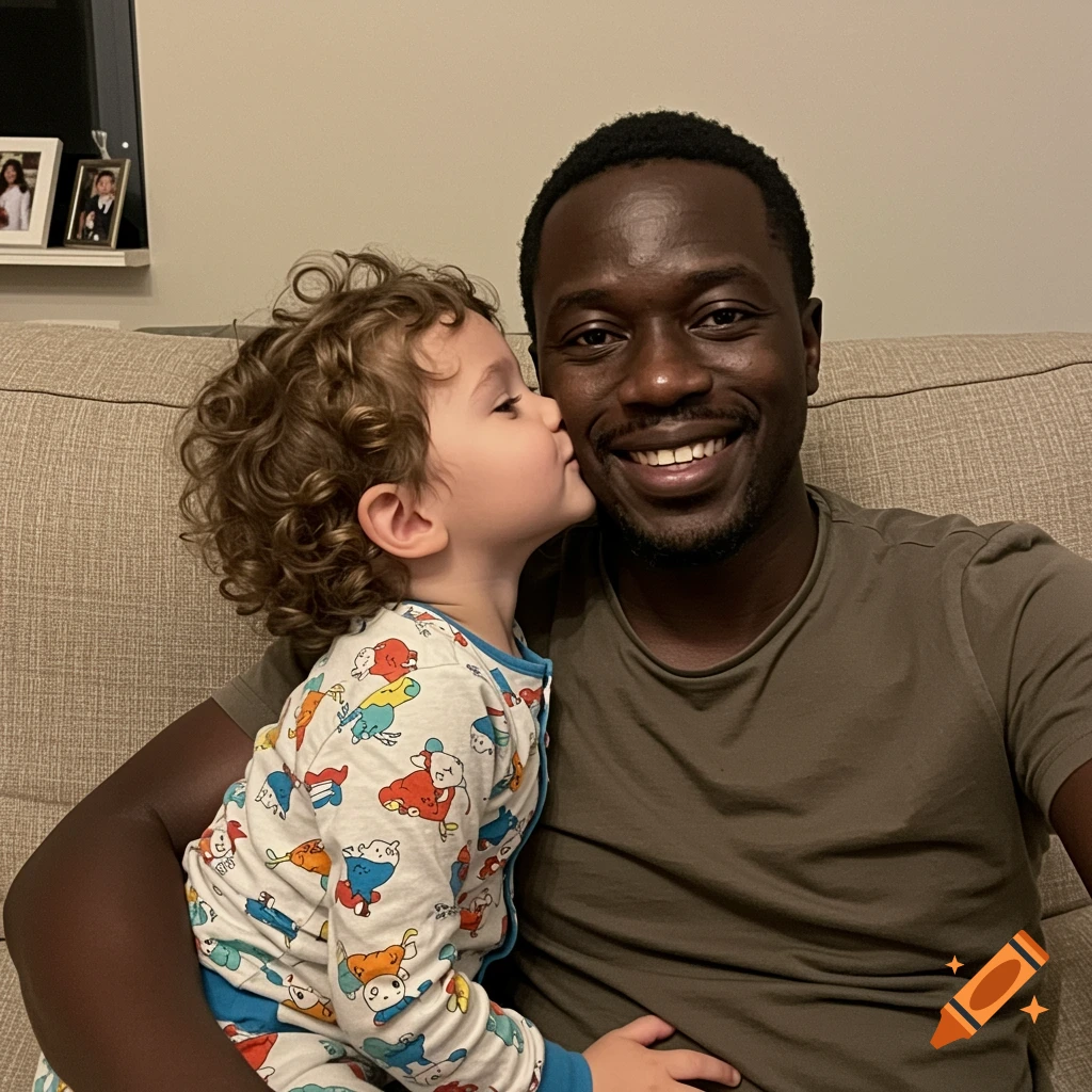 A photorealistic portrait of a dark-skinned man smiling on a couch as a child with curly hair kisses his cheek.