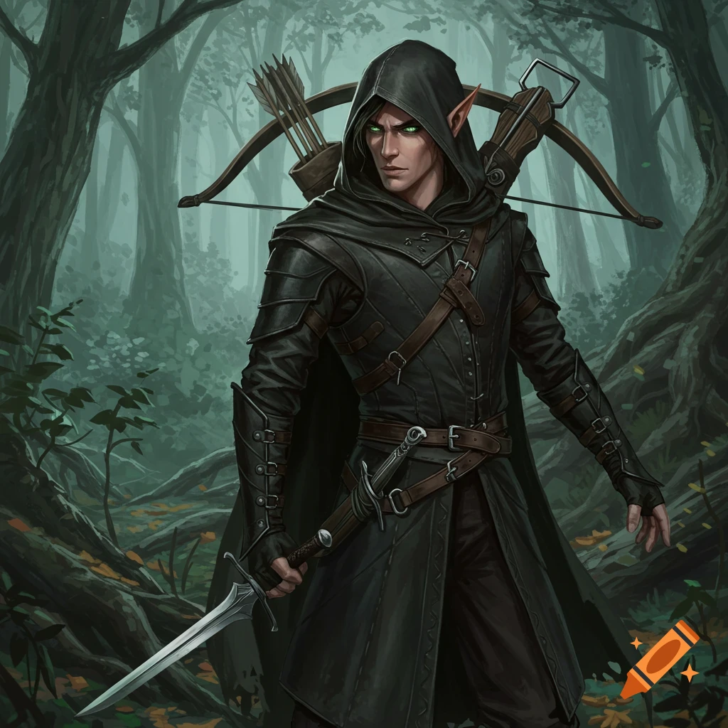 A male elf ranger in dark leather armor and a hooded cloak stands in a misty forest, holding a sword and carrying a crossbow.