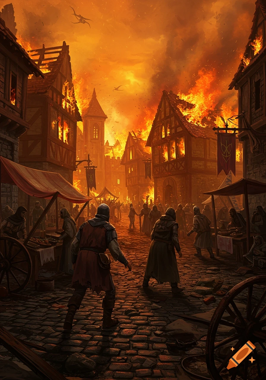 Burning medieval village with people on cobblestone streets under an orange sky, fantasy art style.
