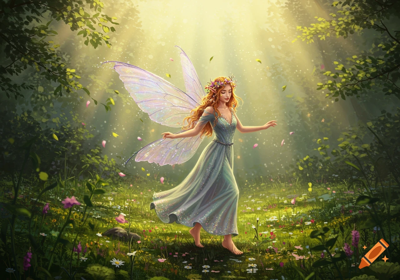 A red-haired fairy with shimmering wings and a flower crown walks barefoot in a sunlit, flower-filled forest.