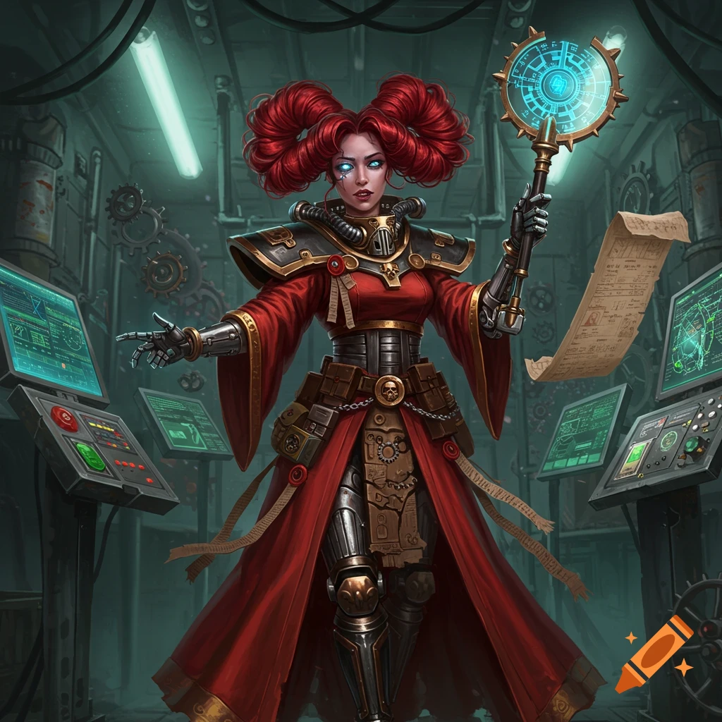A red-haired female tech priest in red robes and cybernetic armor holds a glowing staff in a futuristic, industrial lab.