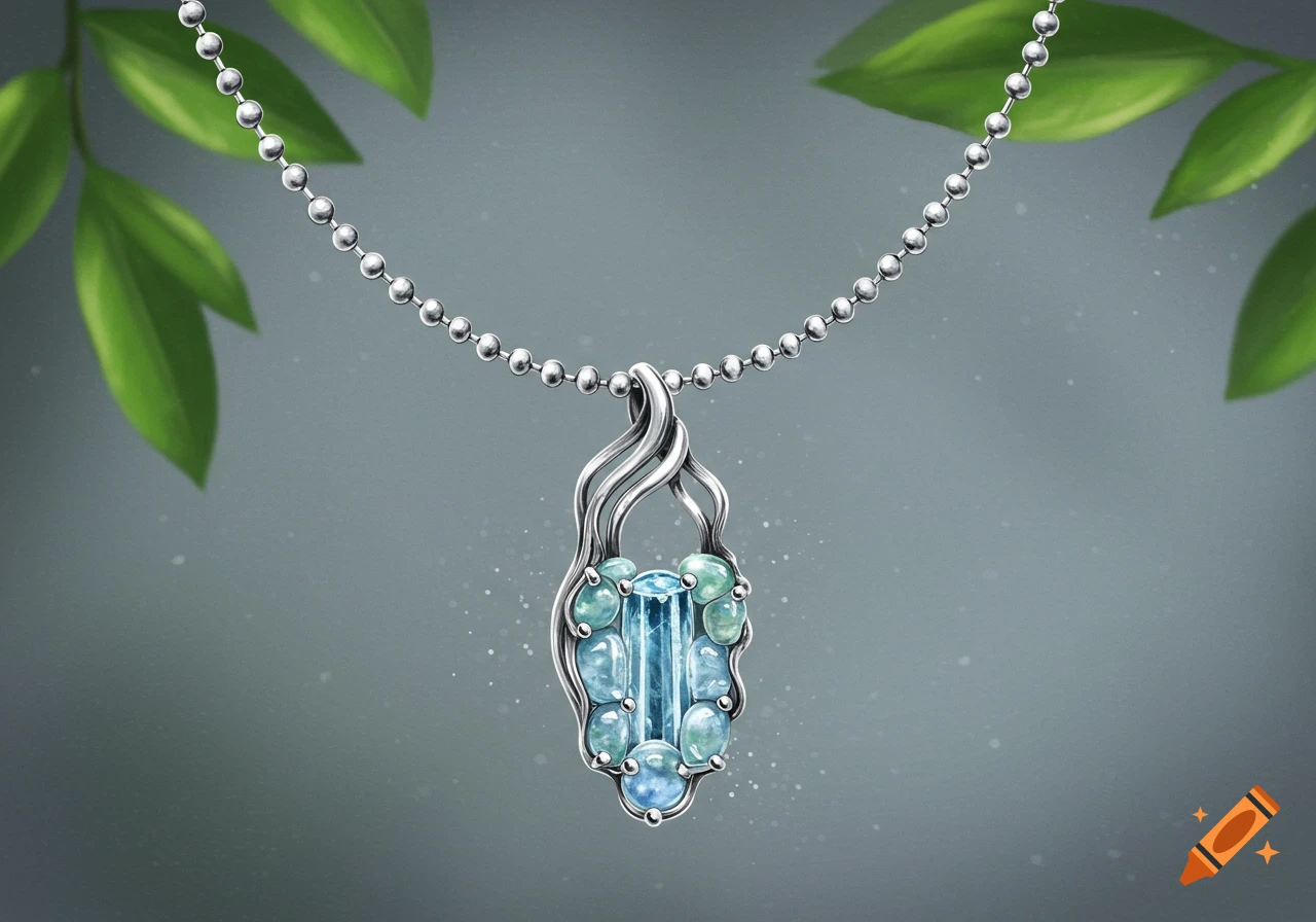 Illustrated silver necklace with a flowing pendant featuring blue and green gemstones, set against a grey background with green leaves.