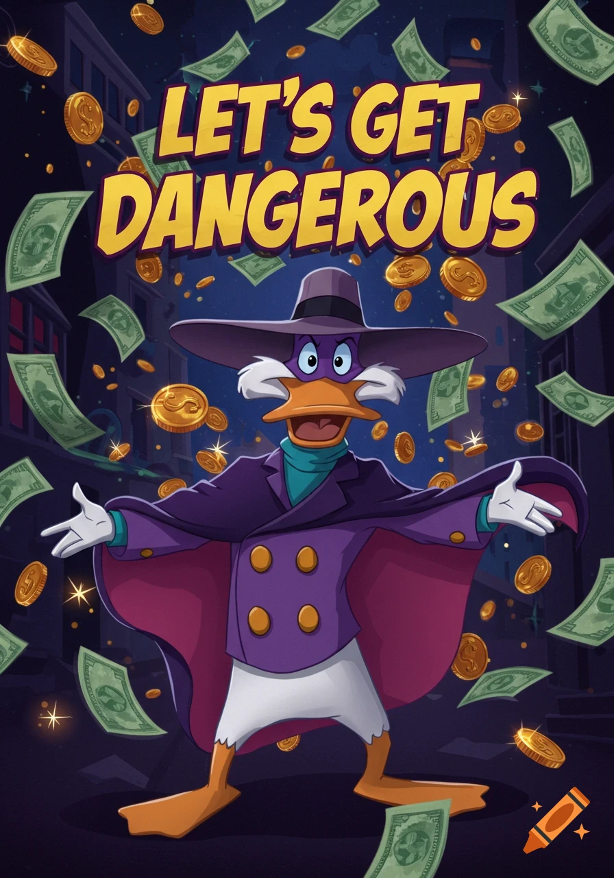 Darkwing Duck stands arms wide in a city at night with money falling, text 'LET'S GET DANGEROUS' above.