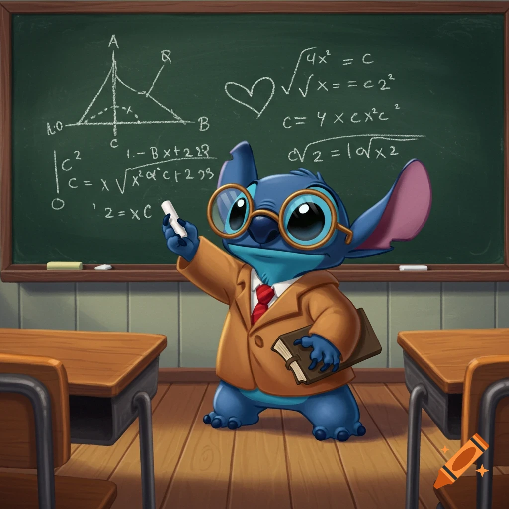 Cartoon Stitch as a math teacher in a classroom, wearing glasses and a jacket, holding a book and pointing at a blackboard full of equations.