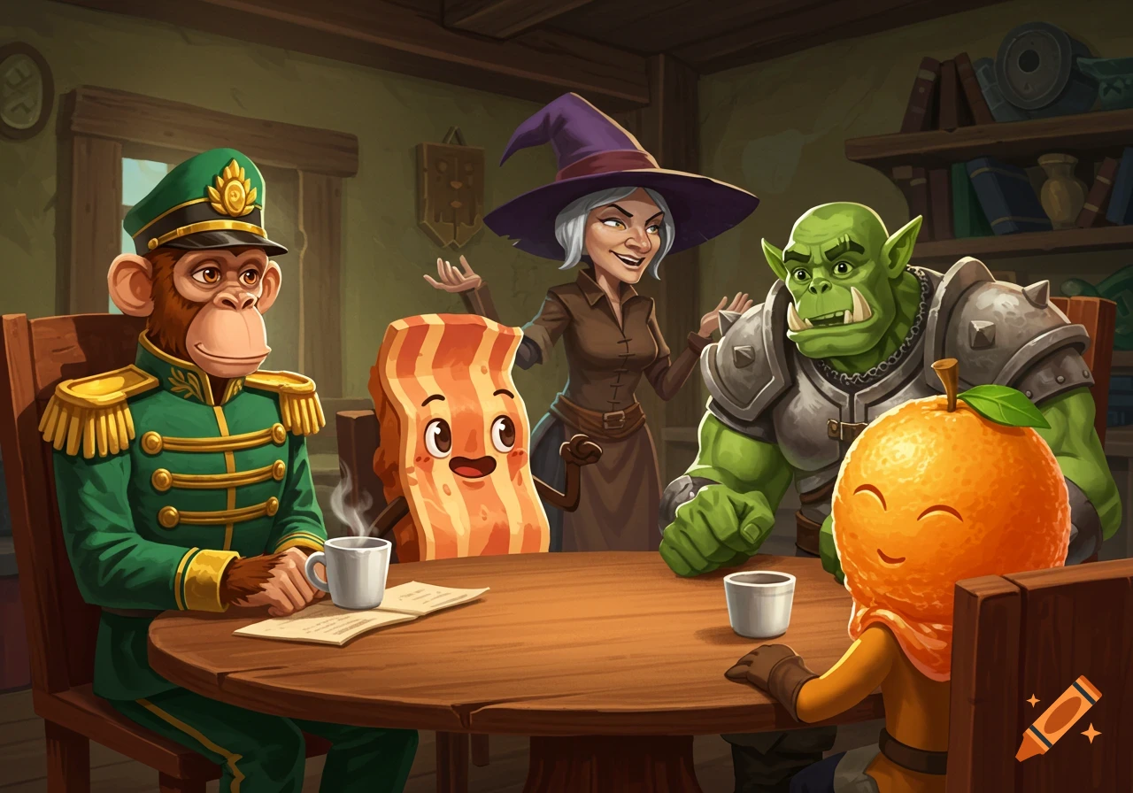 A cartoon monkey general, bacon slice, witch, orc, and orange character sit around a table discussing topics in a fantasy setting.