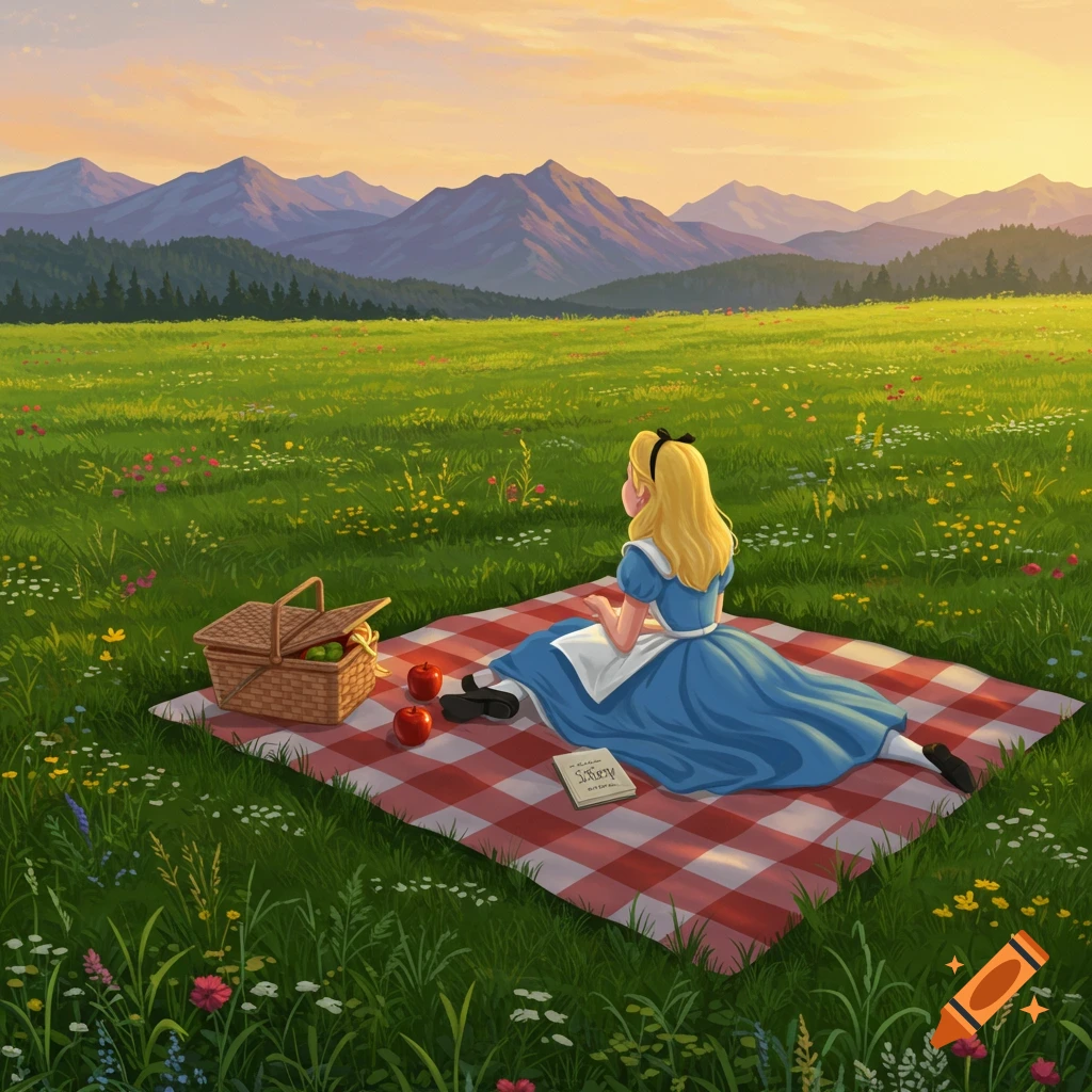 An illustration of Alice from Wonderland sitting on a picnic blanket in a vast green field with mountains in the distance at sunset.