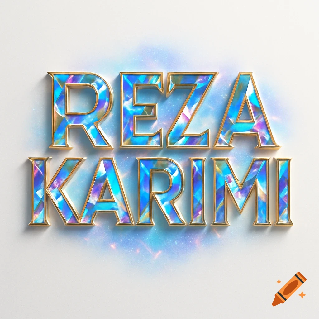 Futuristic cosmic logo with 'REZA KARIMI' in faceted, iridescent crystal letters outlined in gold, against a bright glowing background.