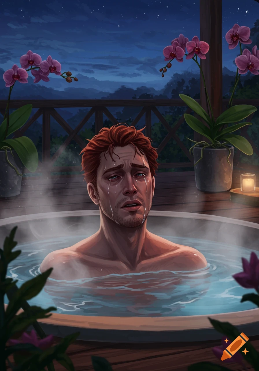 Digital painting of a red-haired man crying in a steaming outdoor hot tub at night, with orchids and mountains.