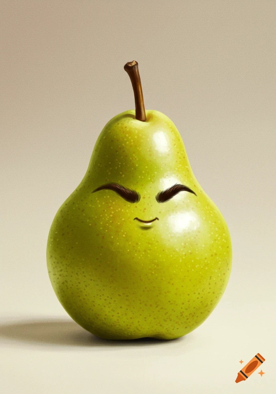 A cartoonish green pear with thick eyebrows and a slight smile on a plain background.