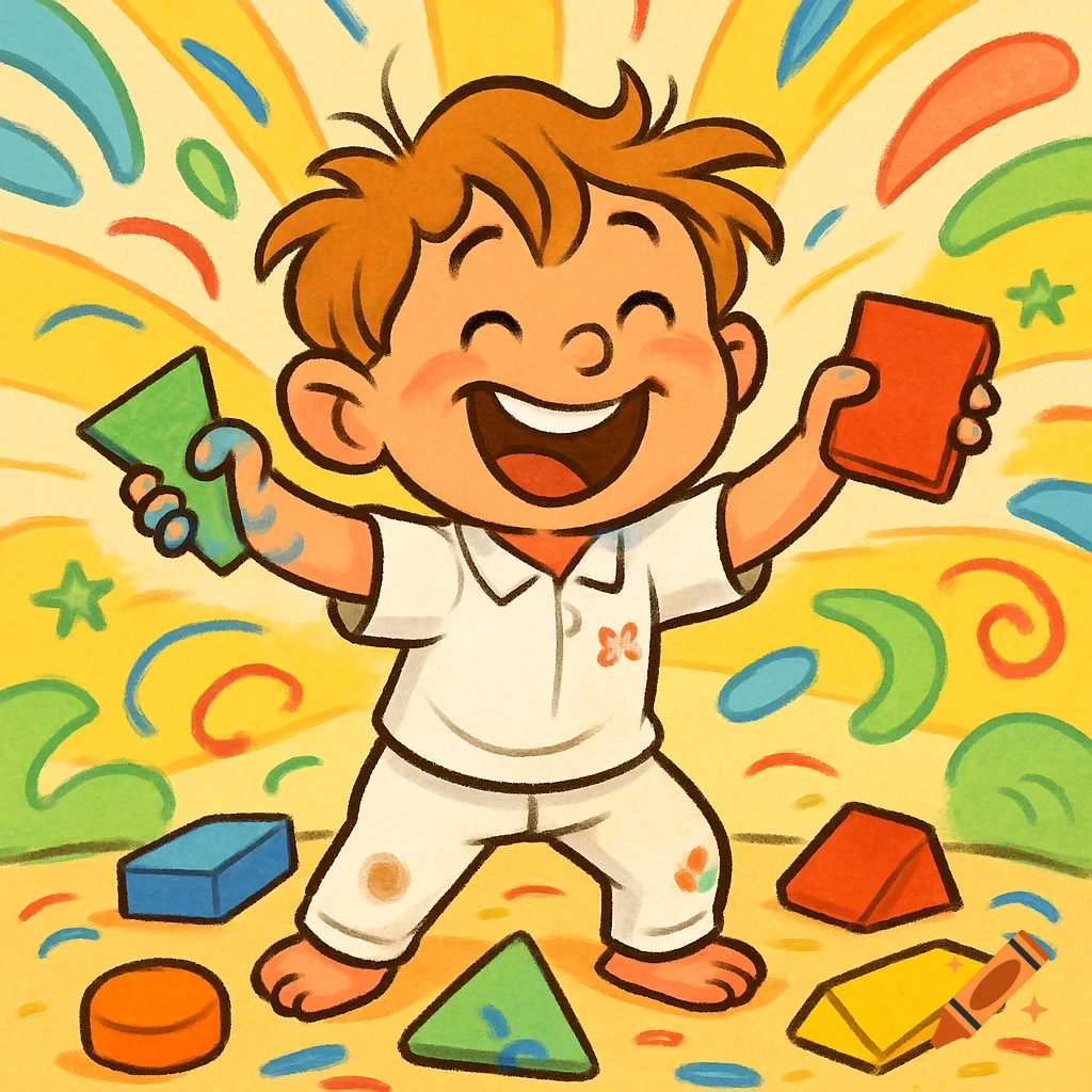A happy cartoon boy in white clothes, covered in paint, joyfully plays with colorful geometric shapes on a bright yellow background.