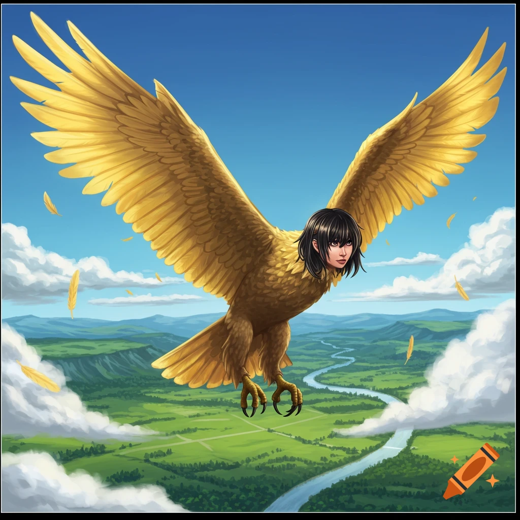 An anime-style girl's head on a golden eagle body soars over a green landscape with a winding river under a blue sky.