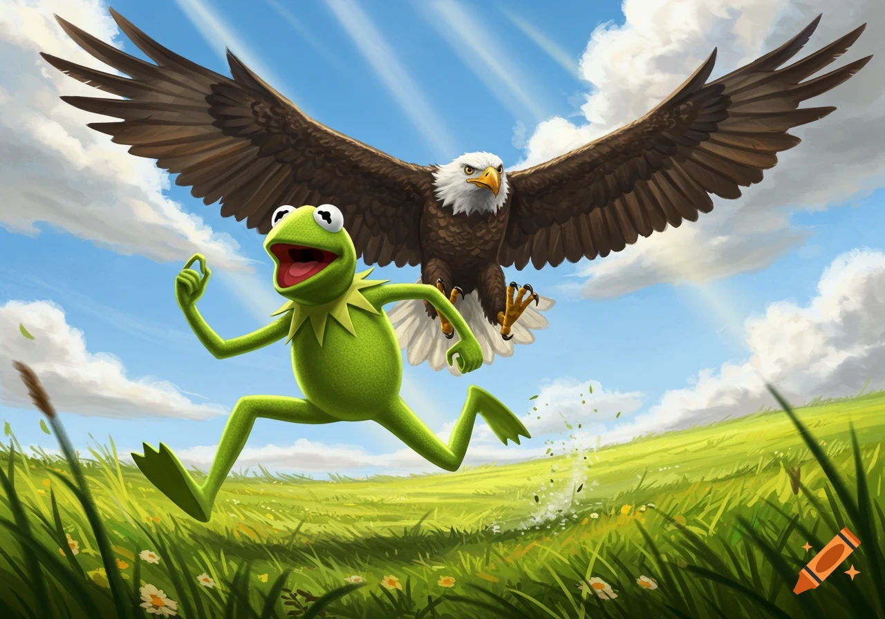 Kermit the Frog runs in a grassy field with a bald eagle flying behind him, in a detailed cartoon illustration.