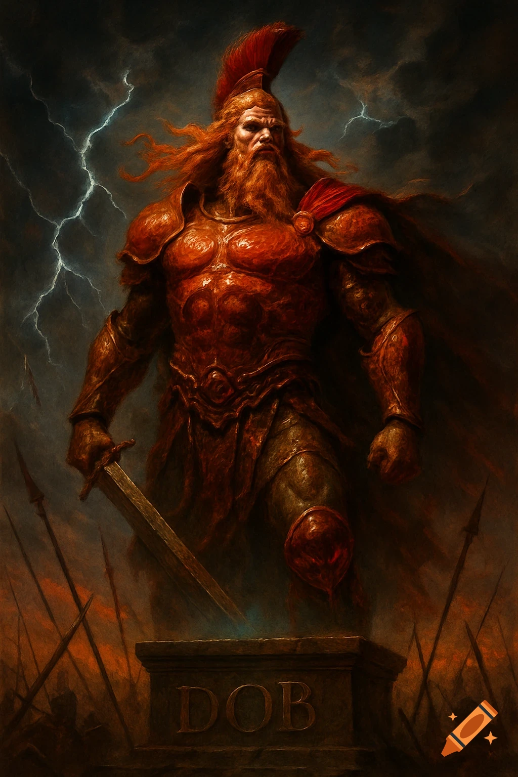 A powerful red-bearded god of war in ornate red armor, holding a sword, stands on a pedestal marked 'DOB' under a stormy, lightning-filled sky in a dark, painterly style.