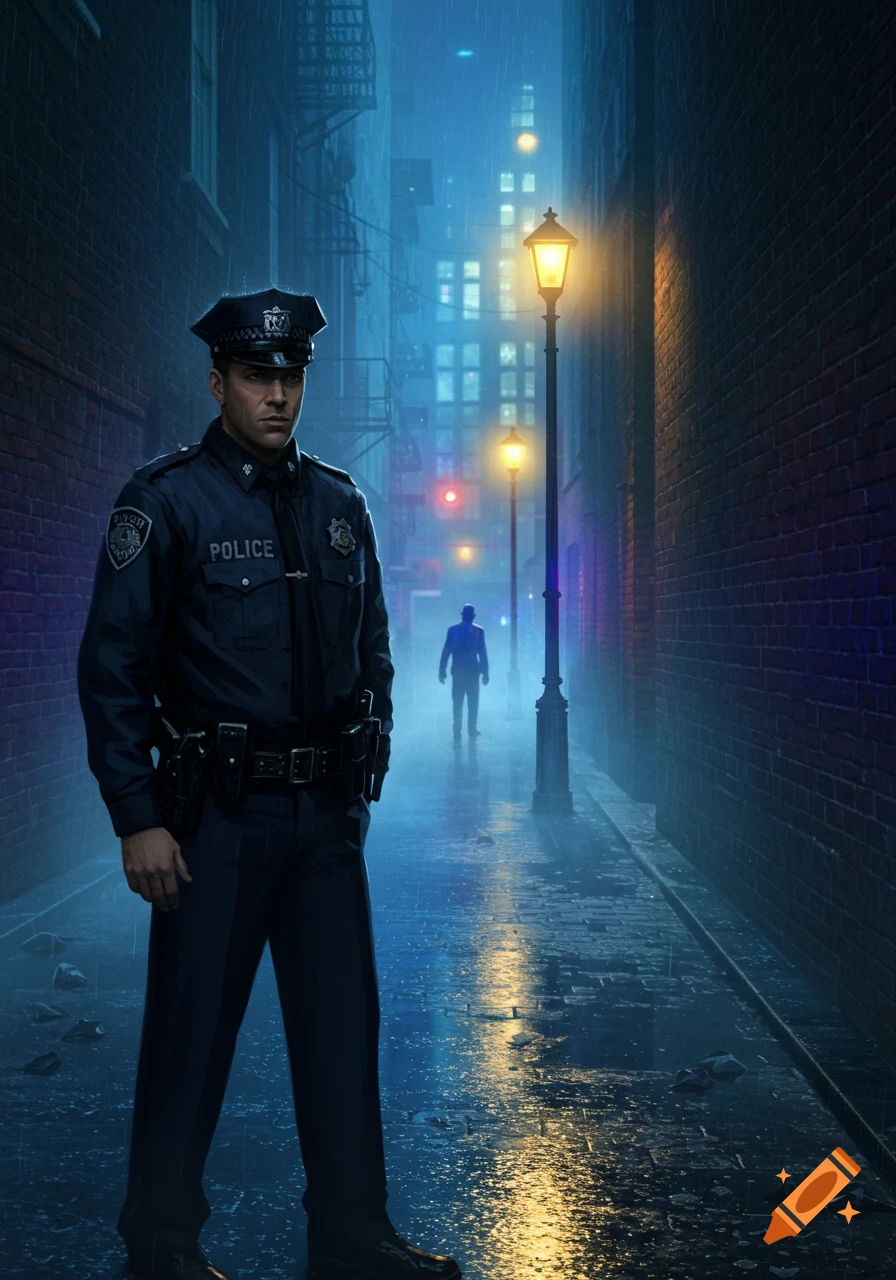 A photorealistic police officer stands in a dark, rainy urban alley with streetlights, looking towards a silhouetted figure in the distance.