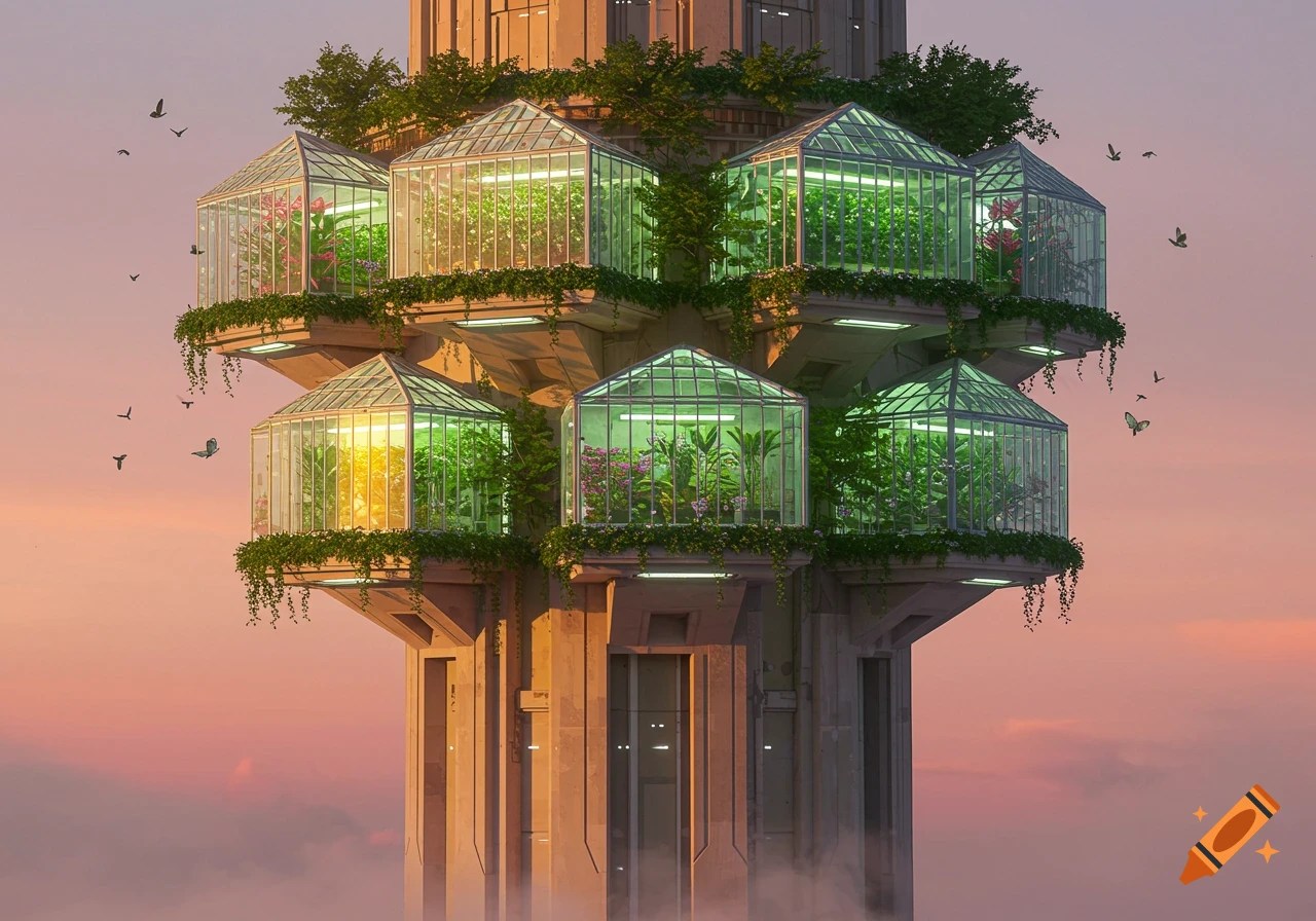 A futuristic high-rise building with multiple glass greenhouses integrated into its upper levels, vibrant with plants and lights, set against a soft pink and orange sunset sky with birds and butterflies.