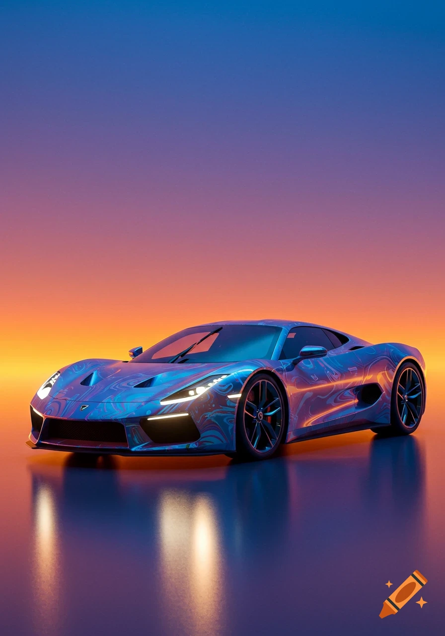 A sleek super car with a vibrant blue and purple watercolor pattern, reflecting on a surface under a gradient orange and blue sky.