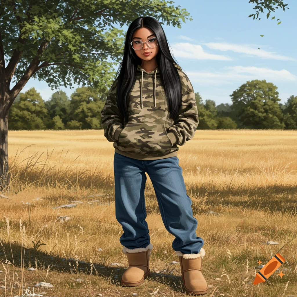 A young woman with long dark hair and glasses wears a camo hoodie, baggy jeans, and Ugg boots, standing in a golden field with a tree.