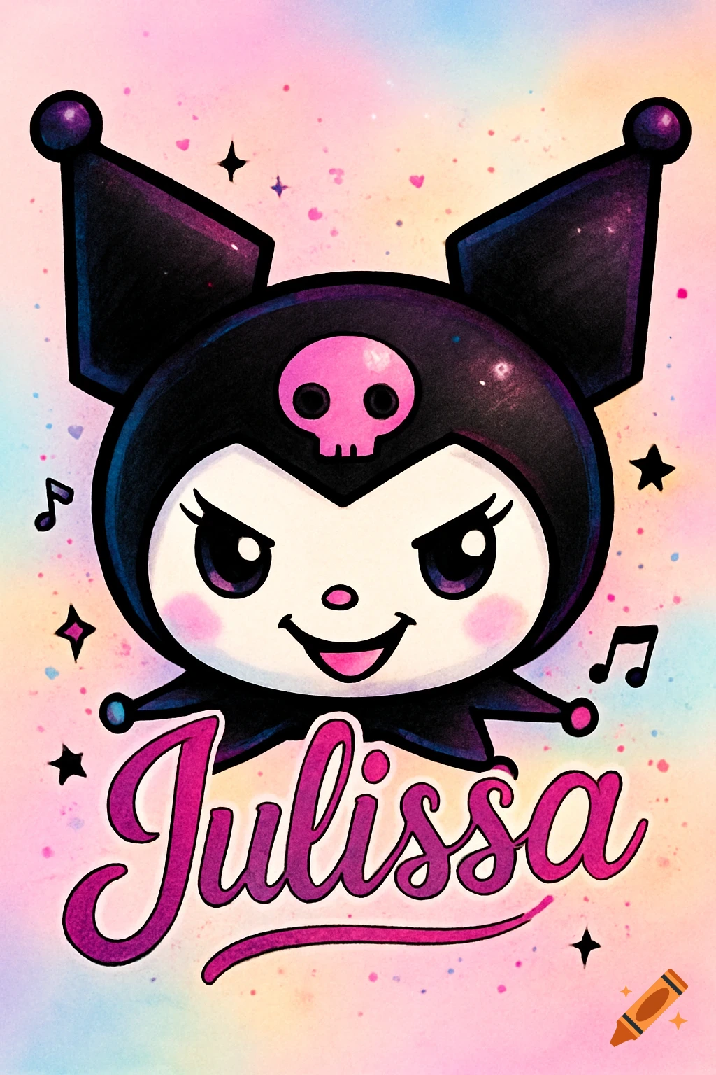 Cute cartoon illustration of the Sanrio character Kuromi with the name Julissa in purple script, on a pastel rainbow watercolor background with sparkles.