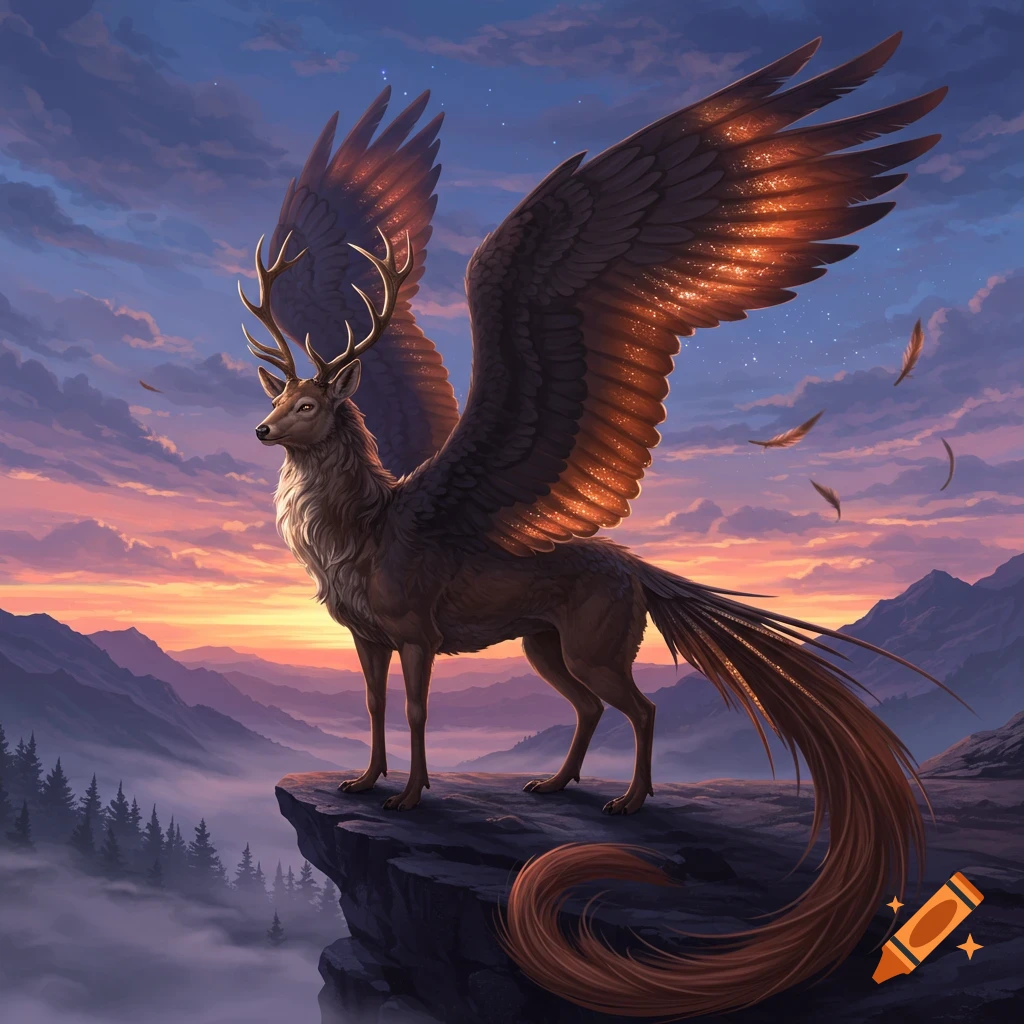 A majestic winged deer-like creature with a wolf's body and eagle's tail stands on a cliff overlooking misty mountains at sunset.