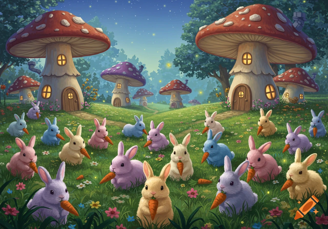 A whimsical scene with colorful bunnies eating carrots in a field with glowing mushroom houses under a starry sky.