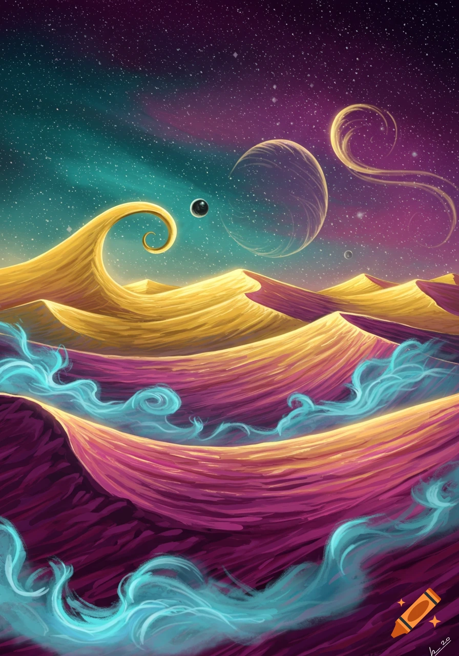 Vibrant, stylized alien desert landscape with swirling golden and magenta dunes, teal wisps, planets, and a starry purple-blue sky.
