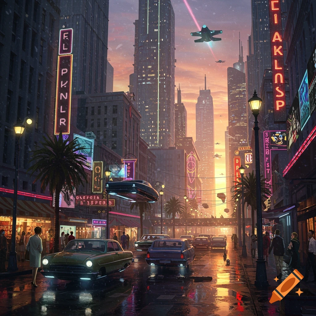 A vibrant retro-futuristic city street at dusk, with classic cars and flying vehicles, towering skyscrapers, and neon signs reflected in the wet pavement.