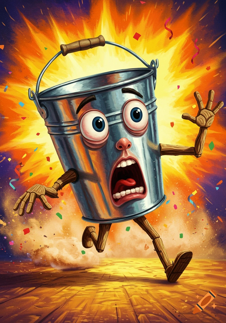 A terrified, cartoon metal bucket with wooden limbs runs from a colorful explosion amidst falling confetti in an exaggerated, vibrant illustration.