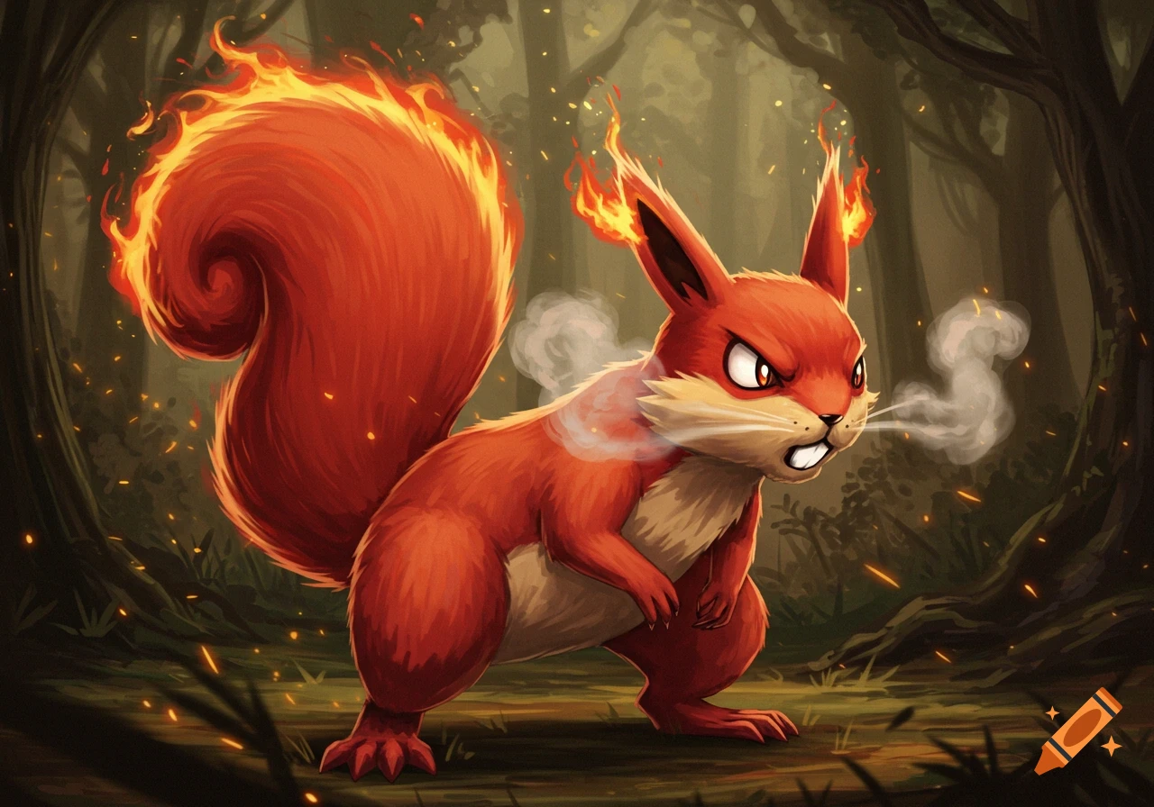 An angry, red, fire-type squirrel Pok emon with a fiery tail and ears, exhaling smoke in a dark forest, in Ken Sugimori's style.