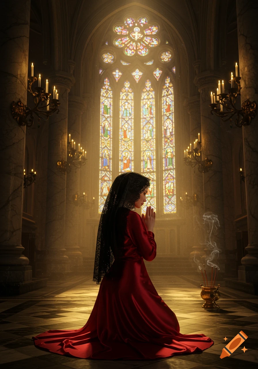 A woman in a red dress and black mantilla kneels in prayer inside a grand church with stained glass, bathed in golden light. Photorealistic.