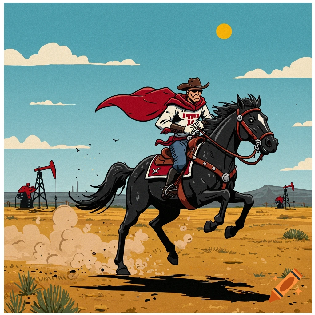 A cartoon cowboy wearing a red cape and a "TTU" shirt rides a black horse through a desert landscape with oil pumps under a sunny sky.