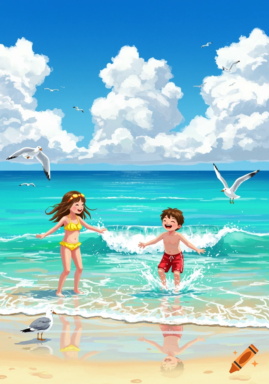 An illustration of a girl in a yellow bikini and a boy in red swim trunks playing in the clear blue ocean with seagulls flying above.