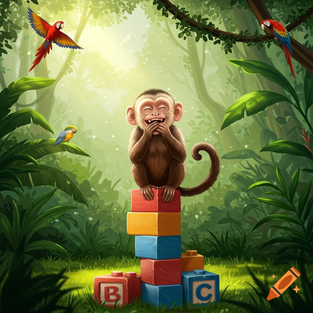 A laughing monkey sits atop a stack of colorful toy blocks in a bright jungle scene with parrots flying.
