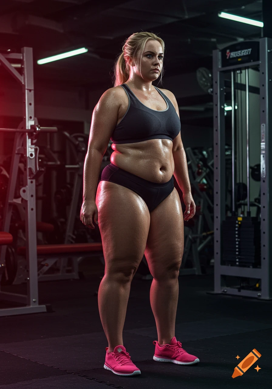 Photorealistic portrait of a sweating obese blonde woman in a sports bra and briefs, standing in a gym with dramatic lighting.