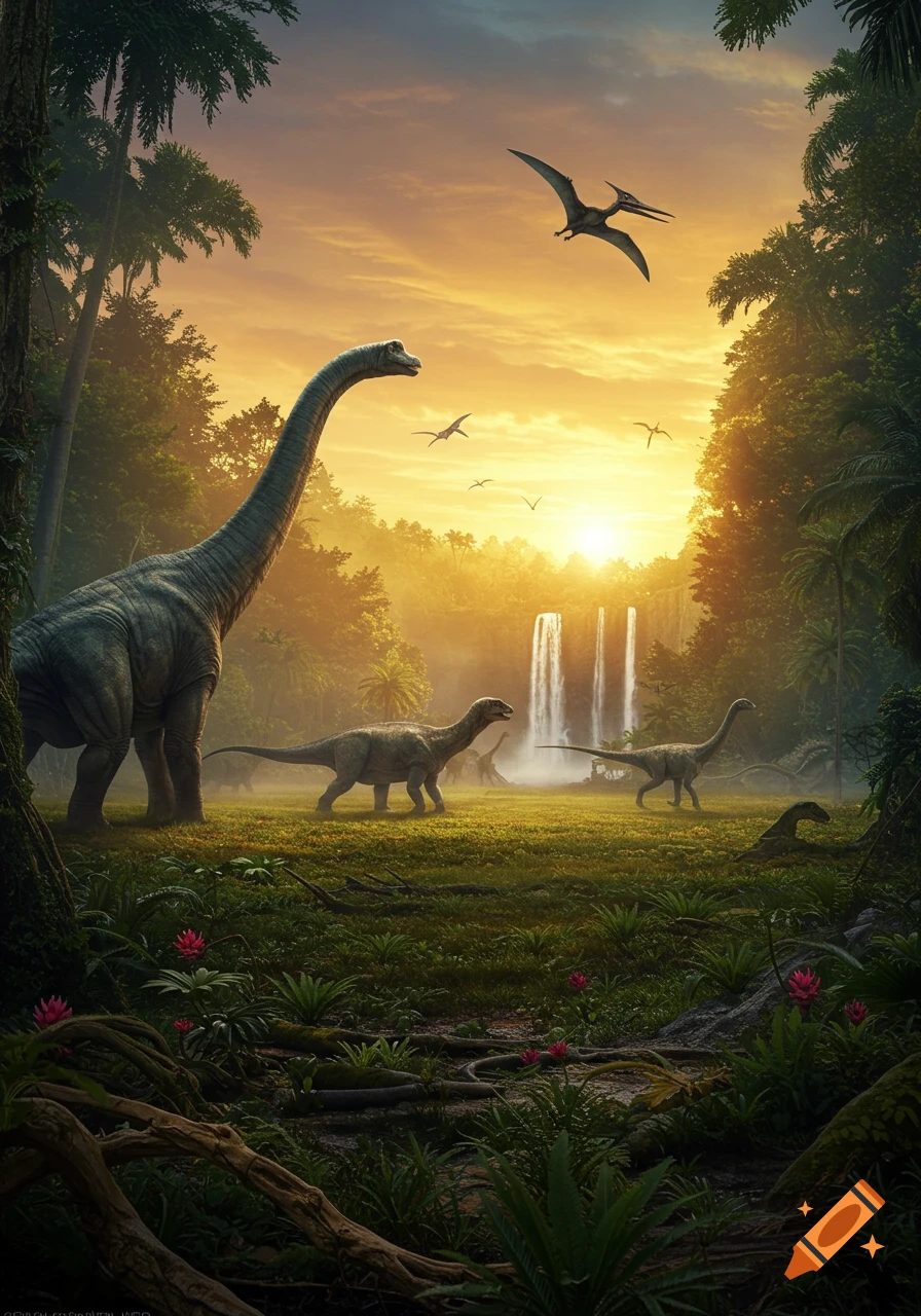 Photorealistic jungle scene with a towering Brachiosaurus, smaller dinosaurs, waterfalls, and pterodactyls flying under a golden sunset.