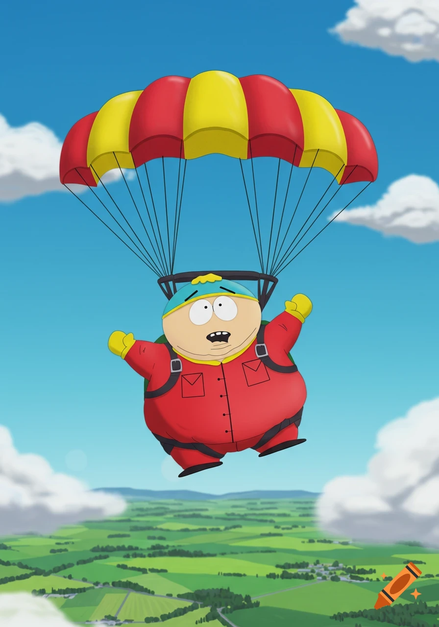 Eric Cartman from South Park skydives with a red and yellow parachute over a green landscape under a blue sky.