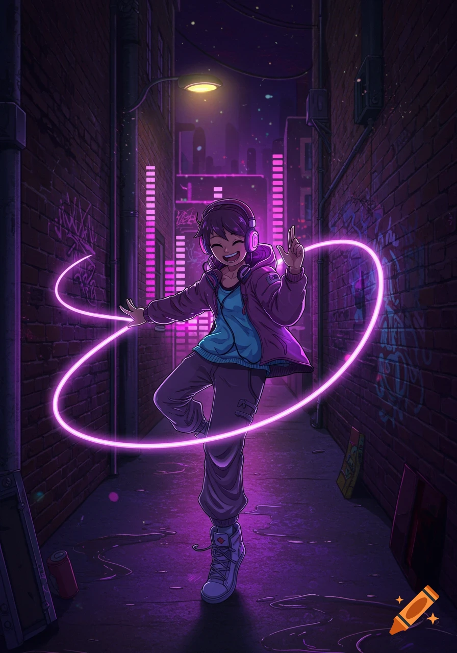 Anime-style person with headphones dancing with glowing purple light in a dark, neon-lit urban alley.