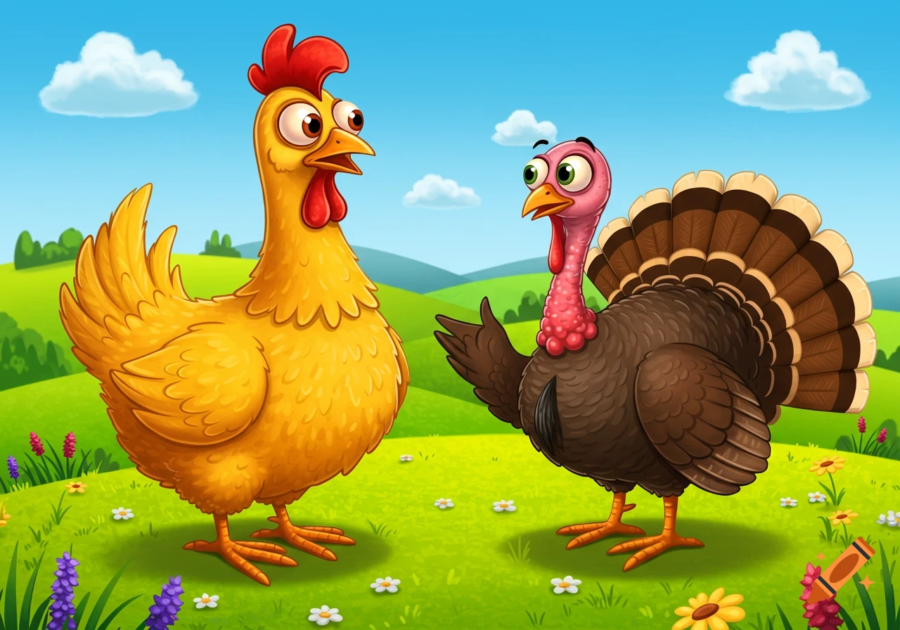 A cartoon chicken and turkey stand in a bright green field under a blue sky with clouds.
