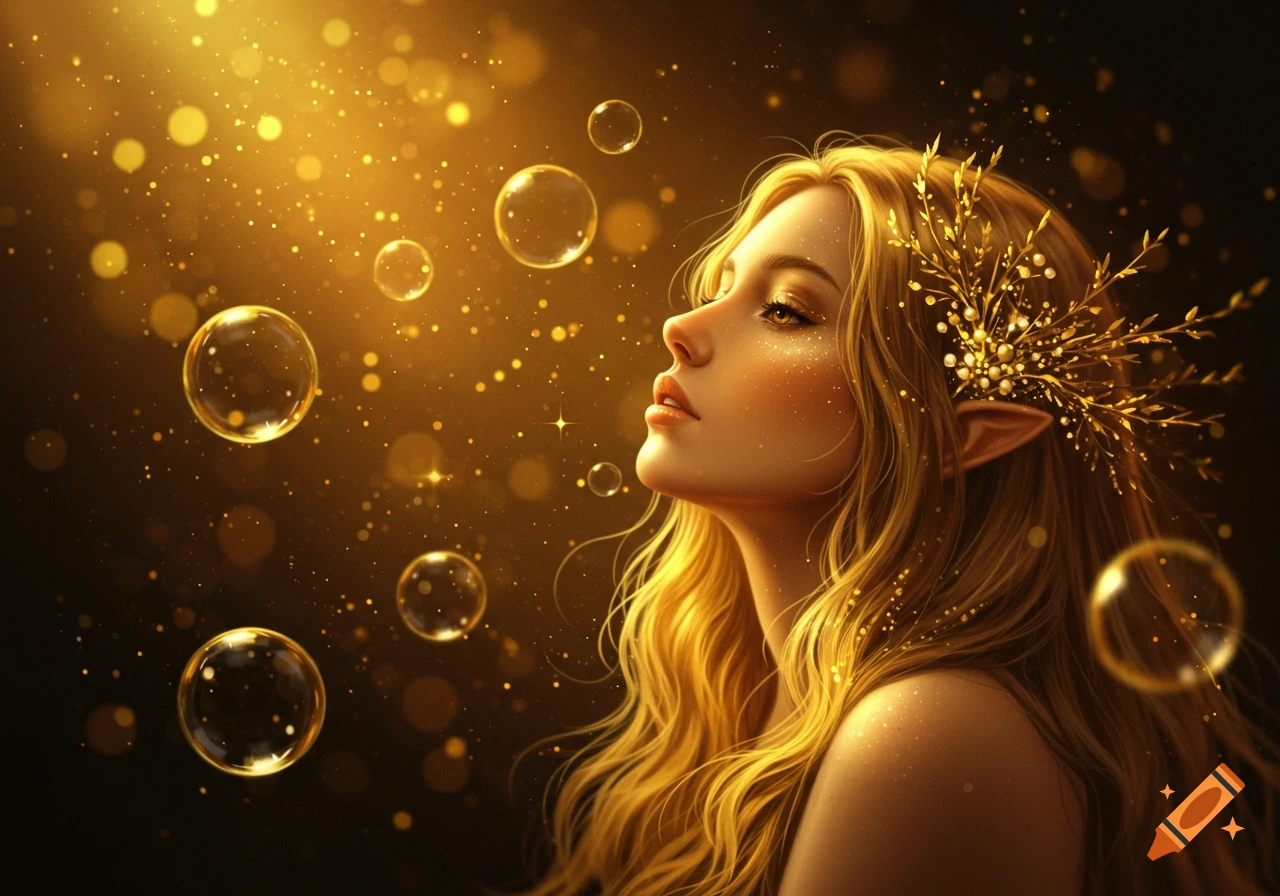 A fantasy portrait of an elf-like woman with long golden hair and pointed ears, looking up amidst golden light and bubbles.