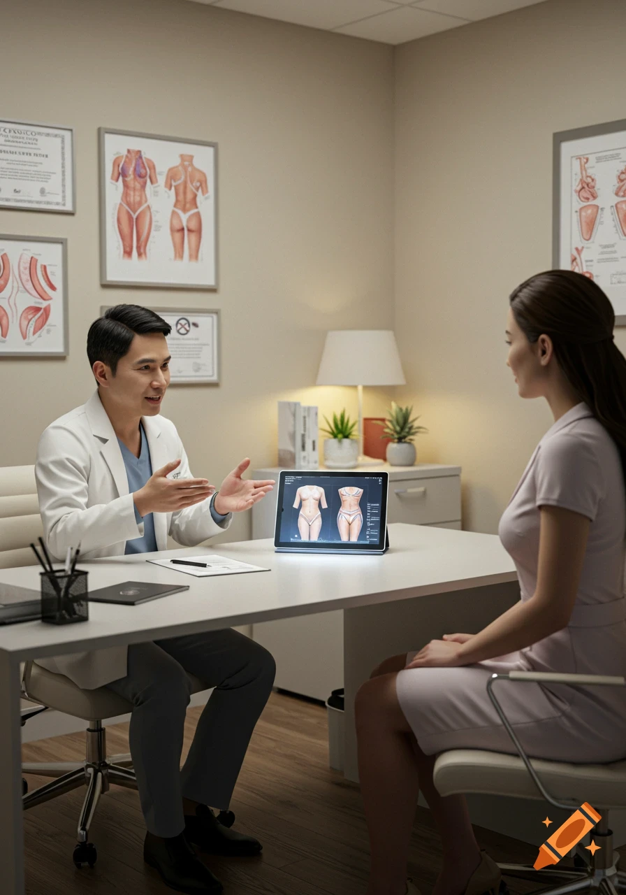 A doctor in a white coat explains body contouring options on a tablet to a female patient in a medical office.