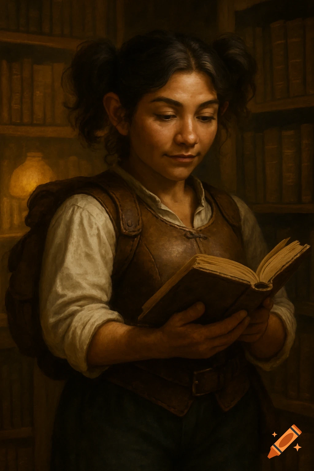 A dark-haired halfling woman in a leather vest and white blouse reads a book in a dimly lit library, her face focused.